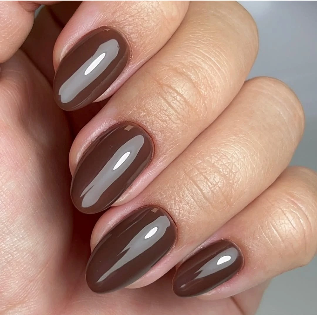 Chocolate brown glossy manicure close‑up